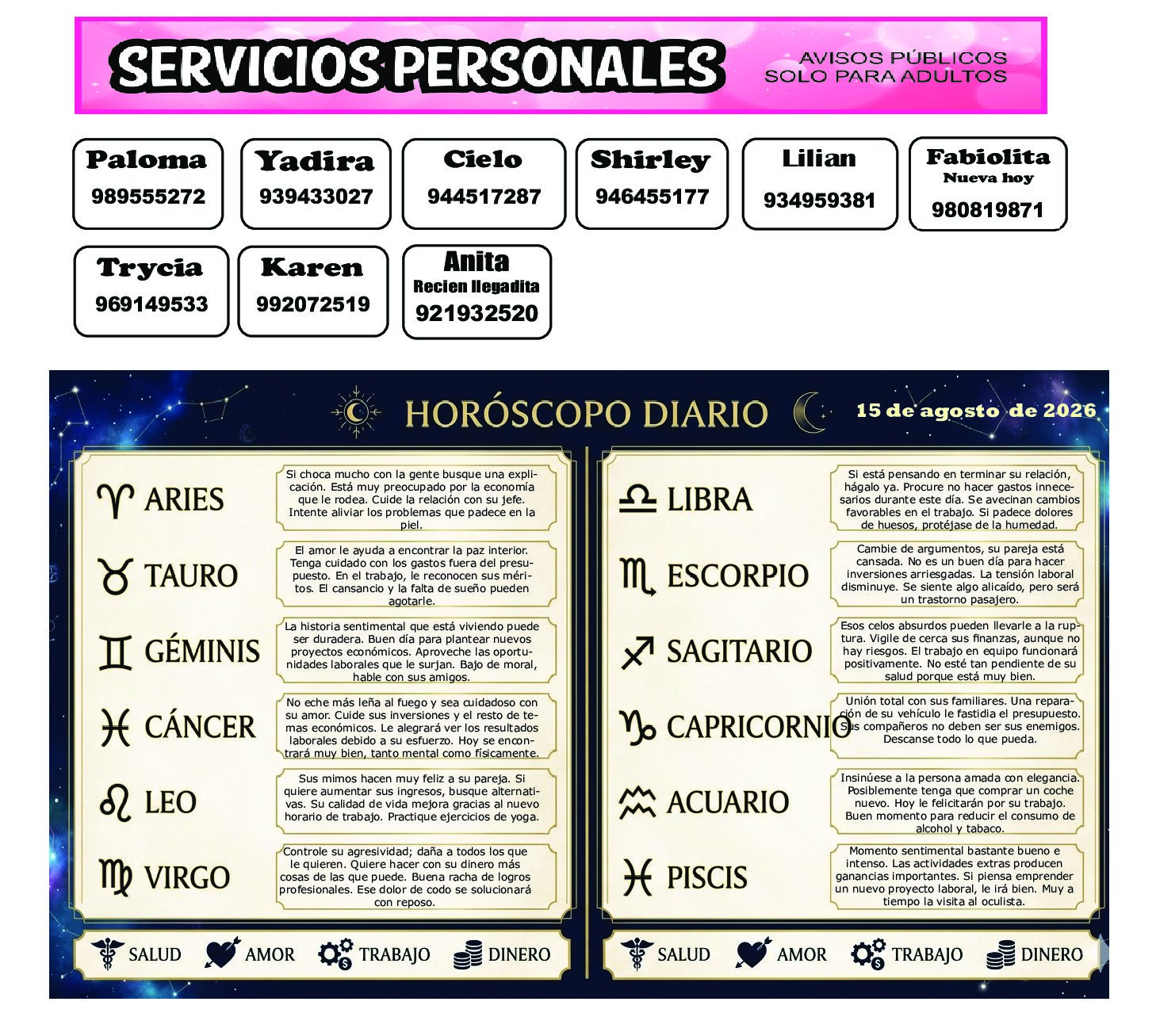 AVISOS Y HOROSCOPO 15 DE AGOSTO DE 2026
