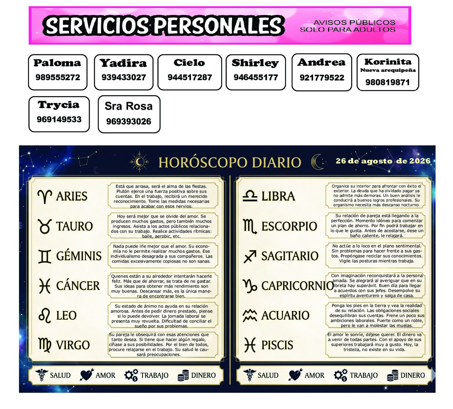 AVISOS Y HOROSCOPO 26 DE AGOSTO DE 2026