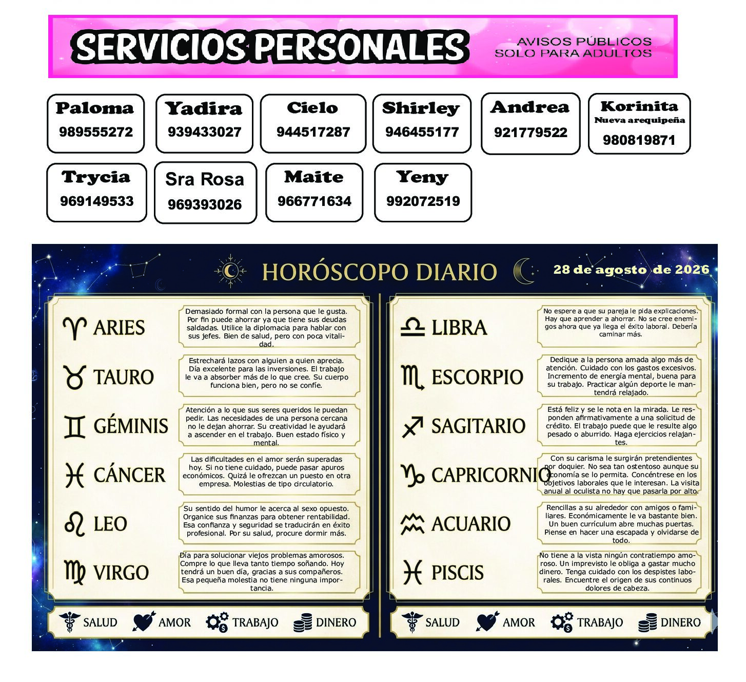 AVISOS Y HOROSCOPO 28 DE AGOSTO DE 2026