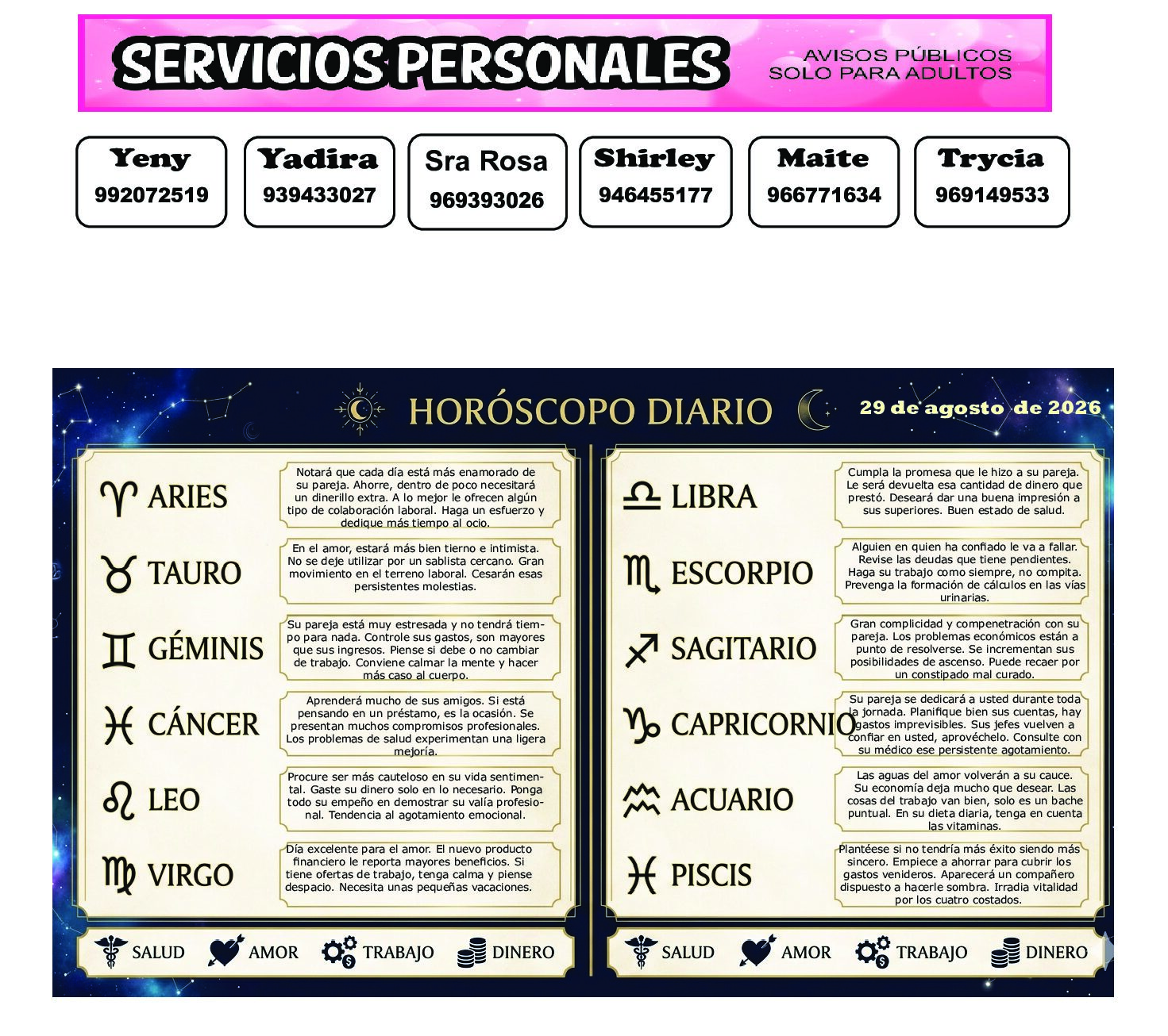 AVISOS Y HOROSCOPO 29 DE AGOSTO DE 2026