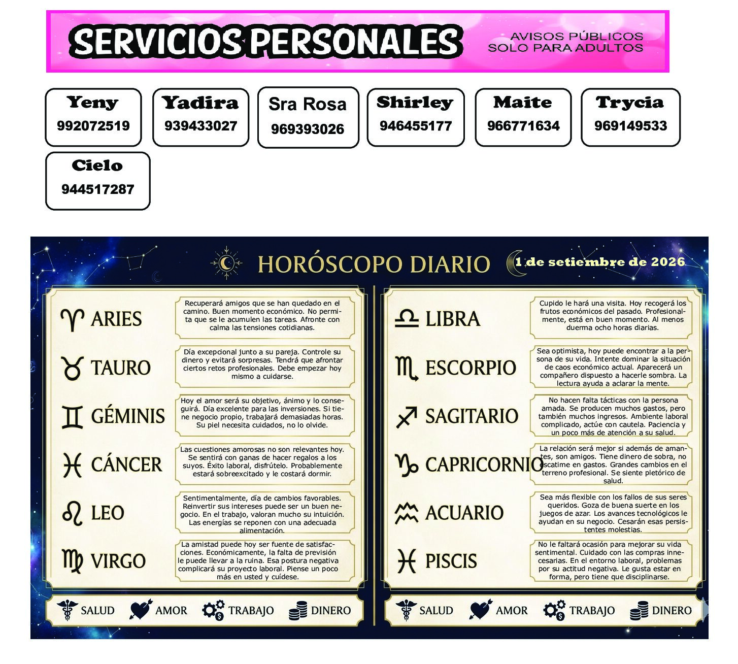 AVISOS Y HOROSCOPO 1 DE SETIEMBRE DE 2026
