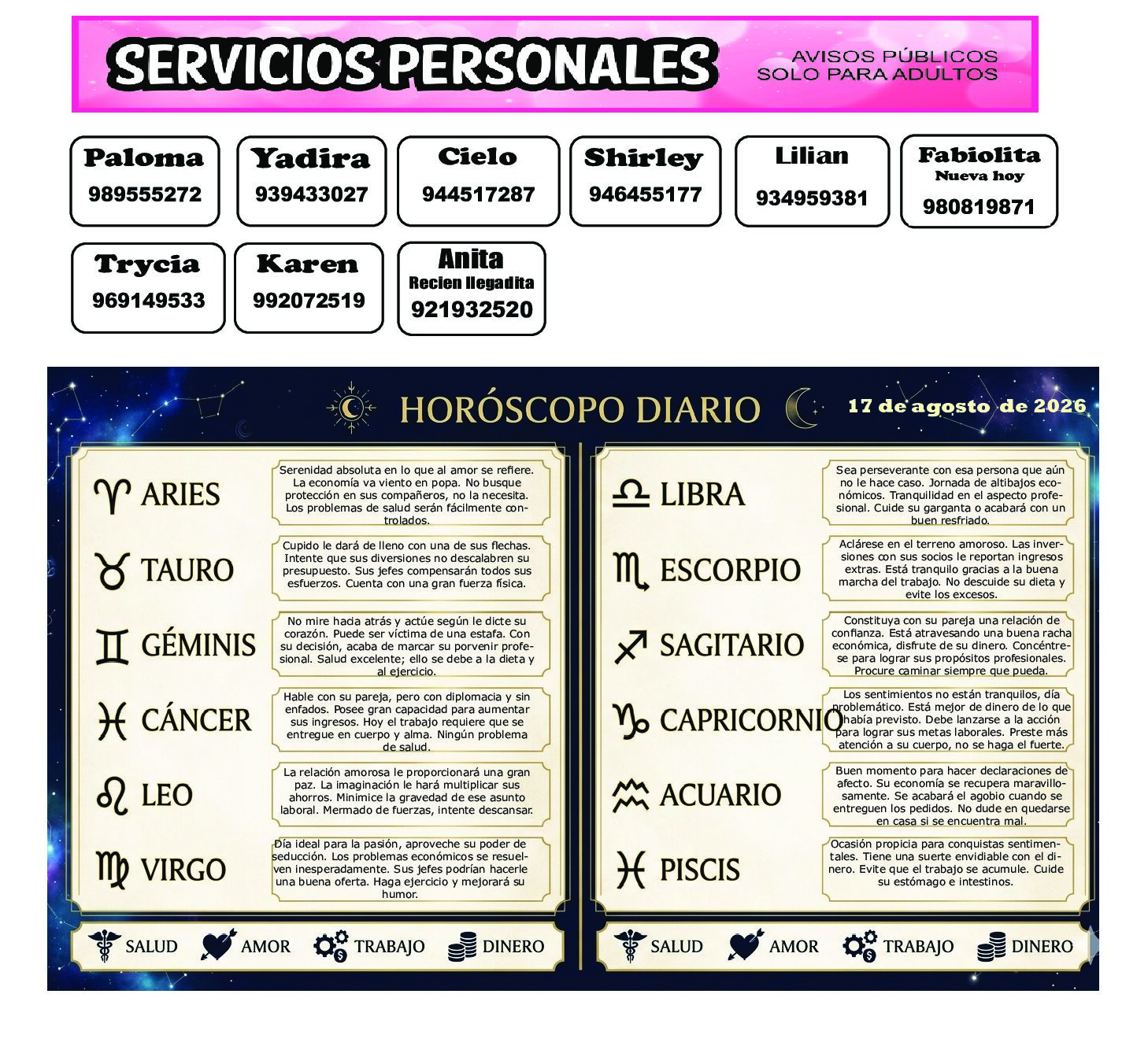 AVISOS Y HOROSCOPO 17 DE AGOSTO DE 2026
