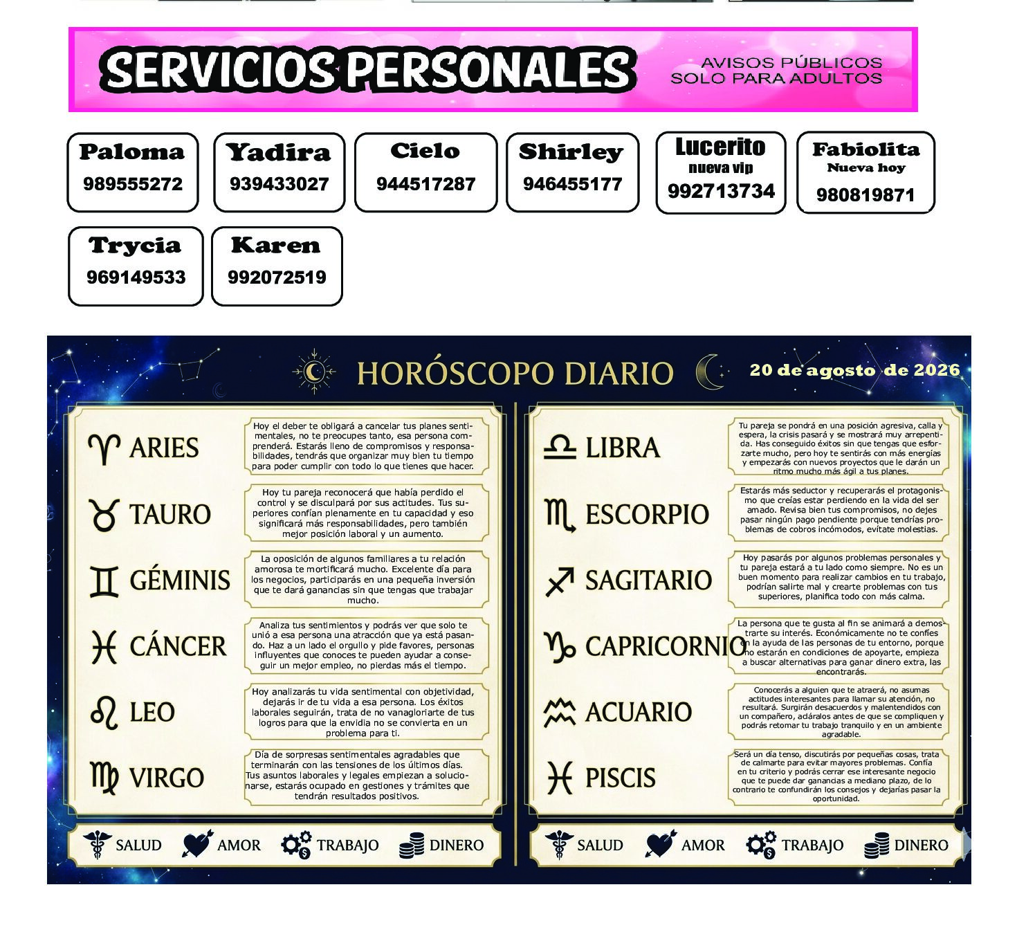 AVISOS Y HOROSCOPO 20 DE AGOSTO DE 2026