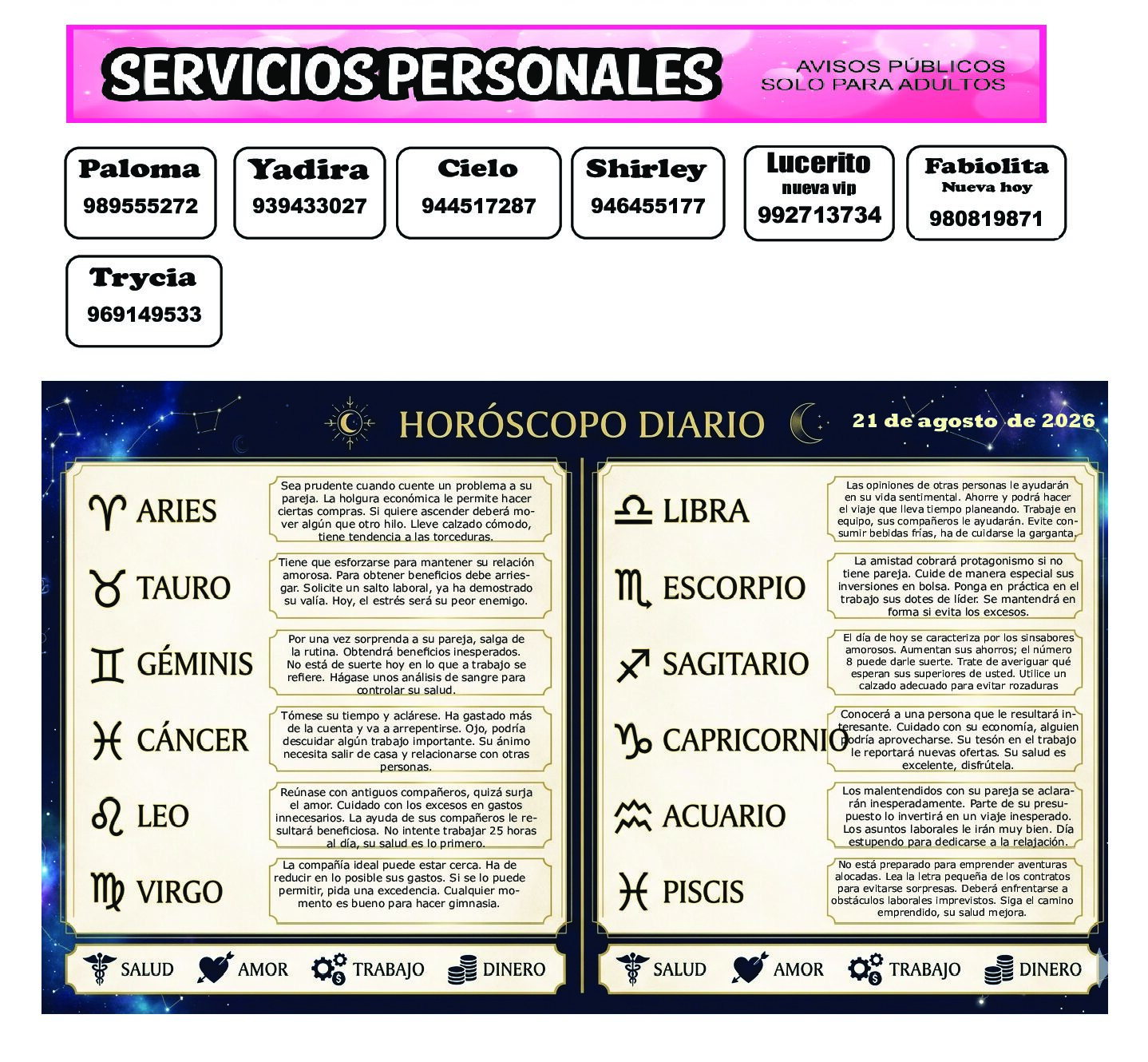 AVISOS Y HOROSCOPO 21 DE AGOSTO DE 2026
