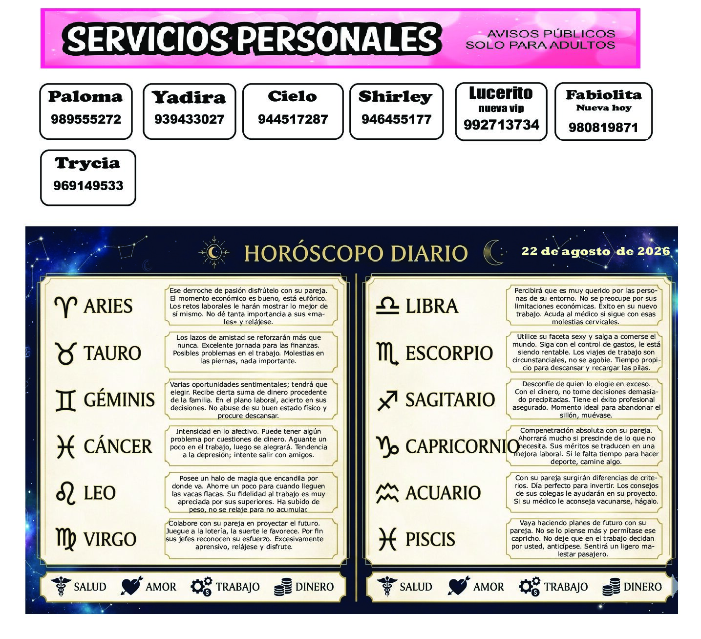AVISOS Y HOROSCOPO 22 DE AGOSTO DE 2026