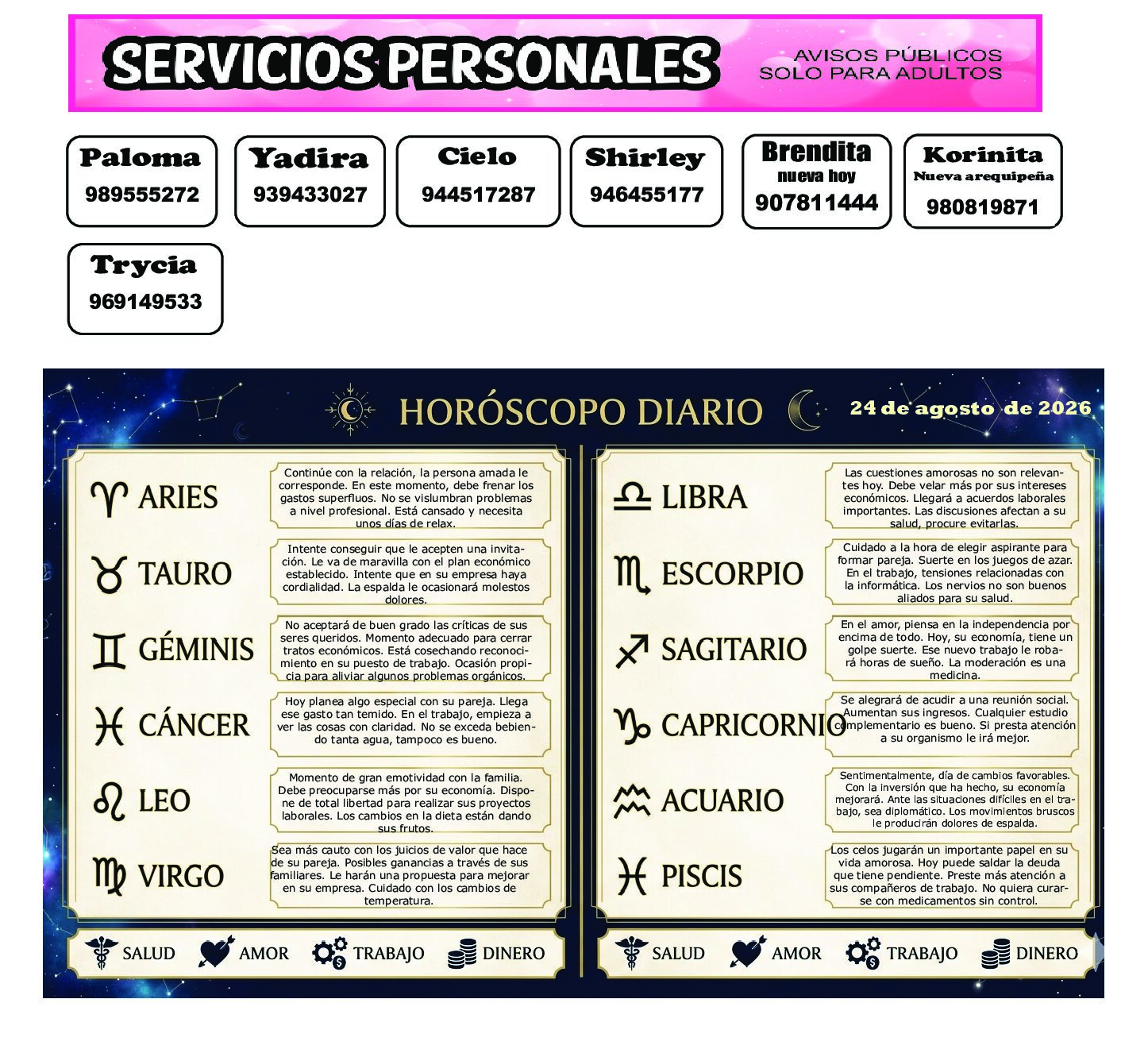 AVISOS Y HOROSCOPO 24 DE AGOSTO DE 2026