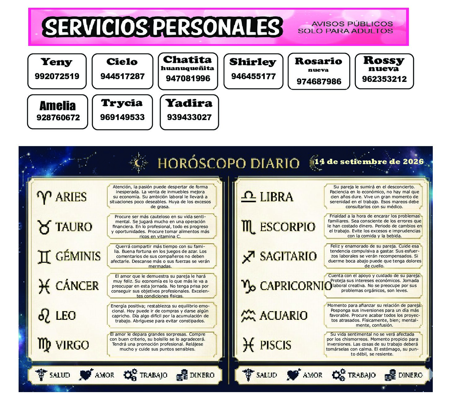 AVISOS Y HOROSCOPO 14 DE SETIEMBRE DE 2026