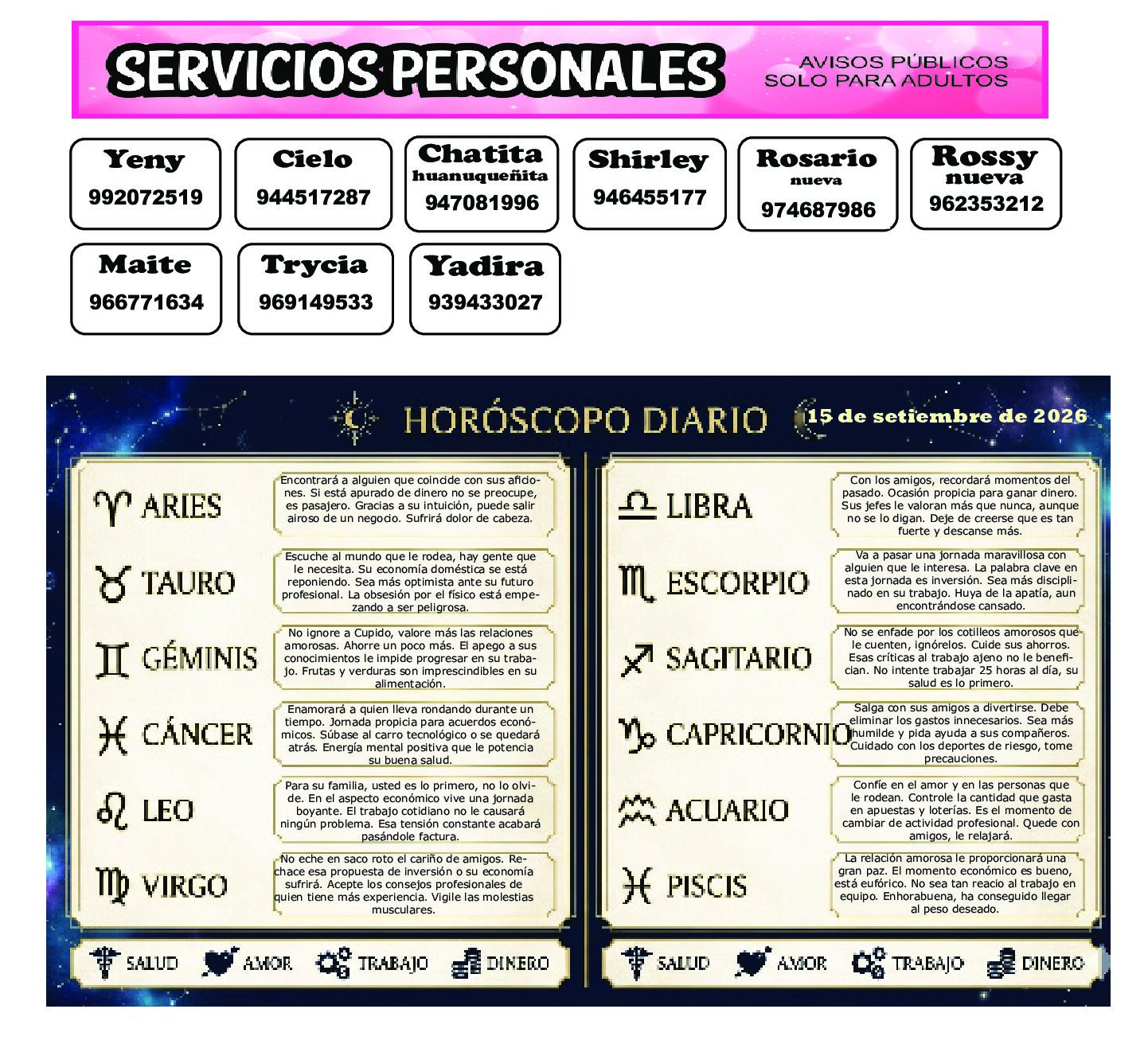 AVISOS Y HOROSCOPO 15 DE SETIEMBRE DE 2026