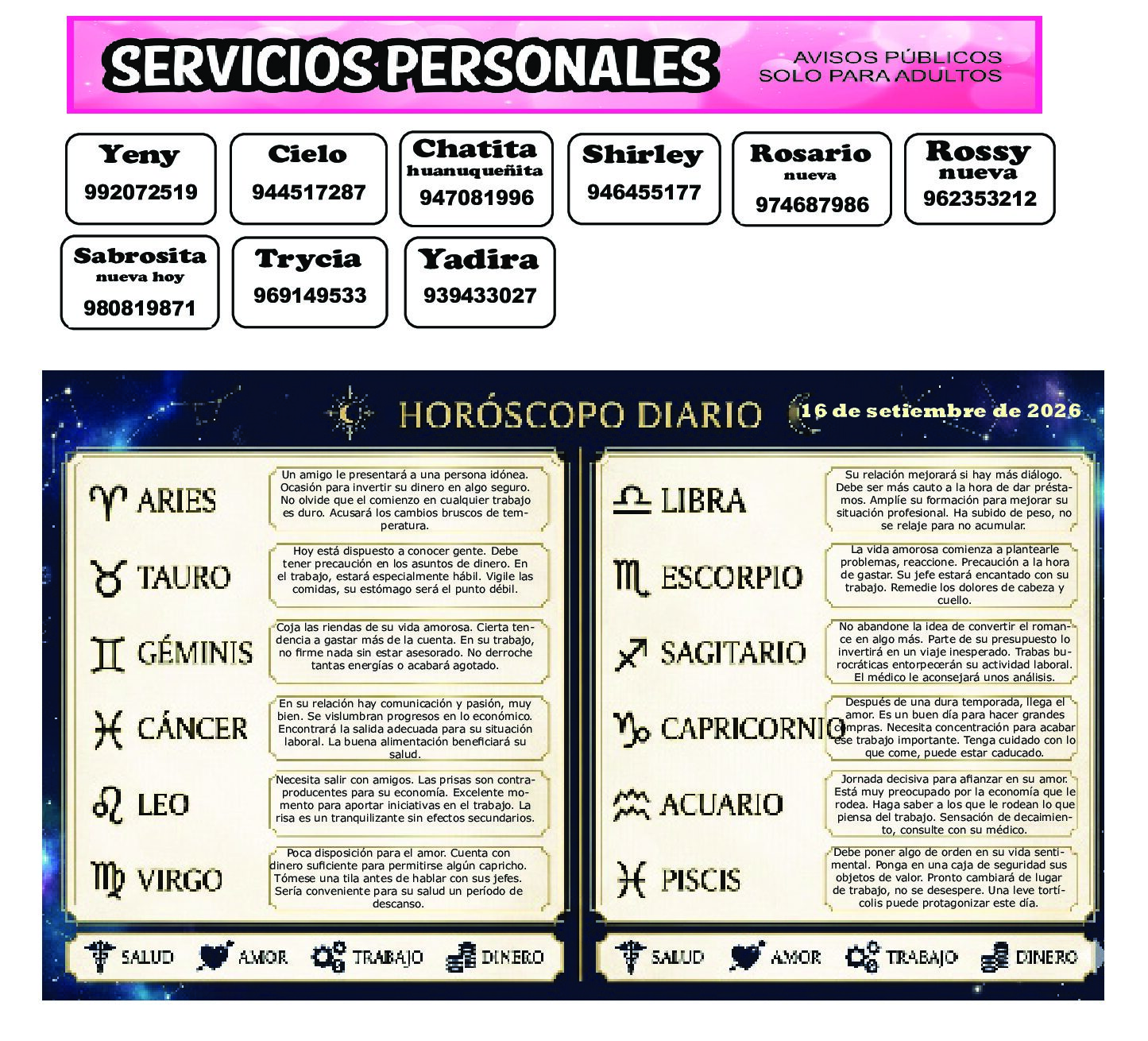AVISOS Y HOROSCOPO 16 DE SETIEMBRE DE 2026