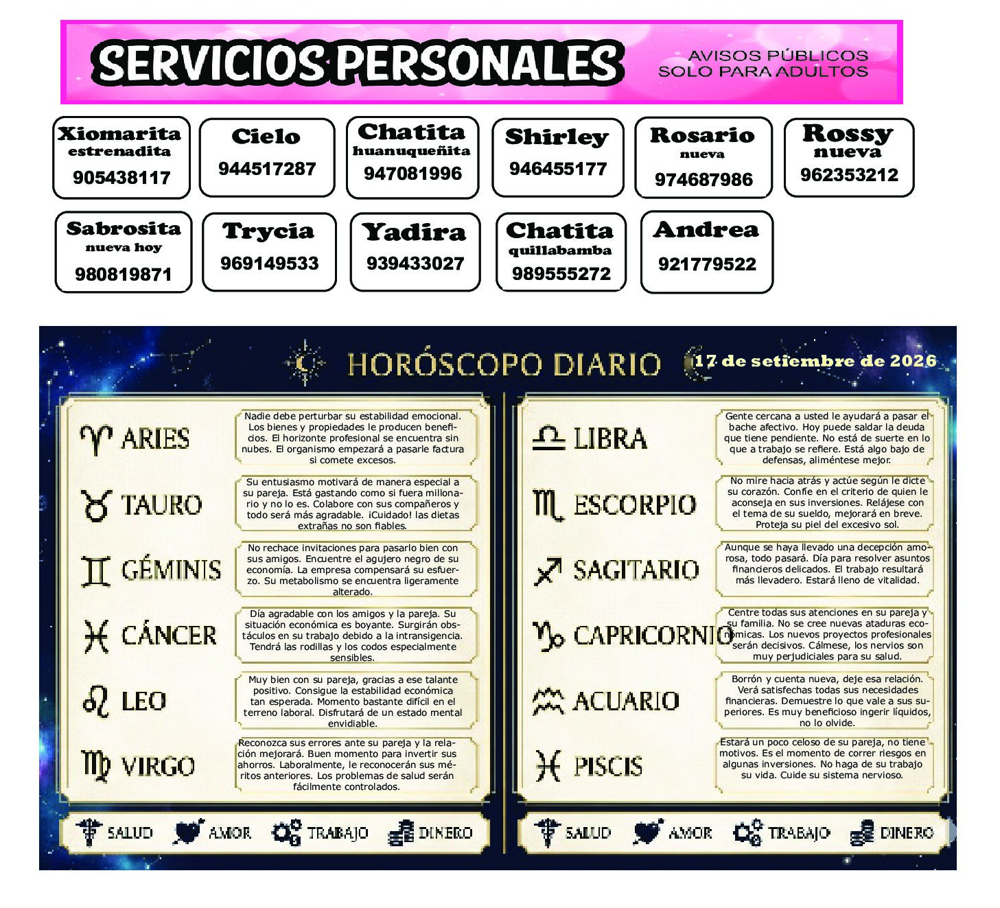 AVISOS Y HOROSCOPO 17 DE SETIEMBRE DE 2026