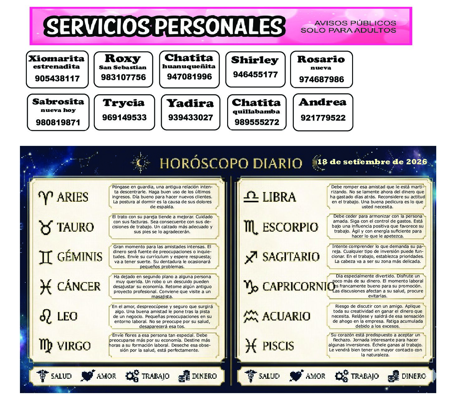 AVISOS Y HOROSCOPO 18 DE SETIEMBRE DE 2026