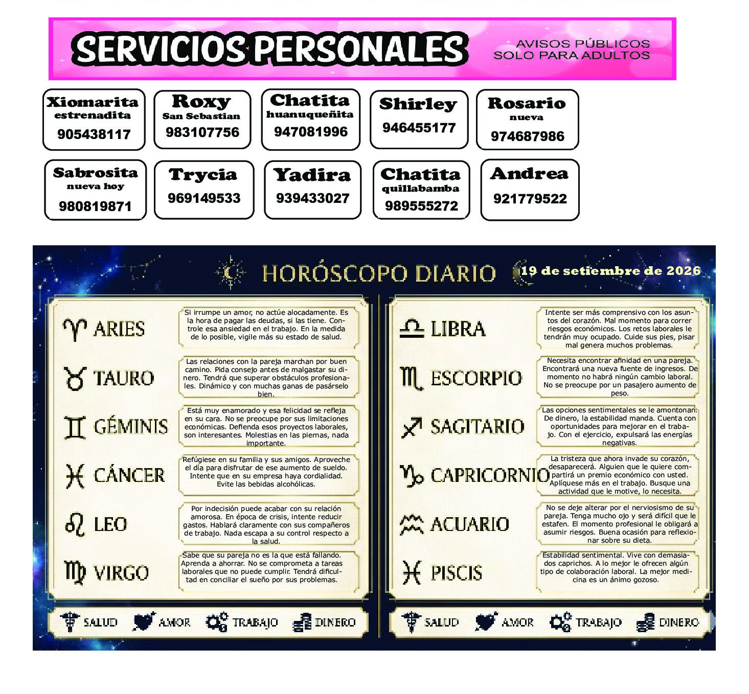 AVISOS Y HOROSCOPO 19 DE SETIEMBRE DE 2026