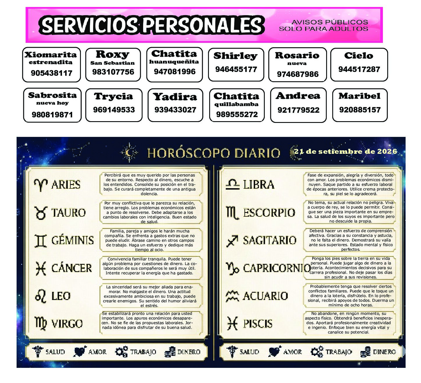 AVISOS Y HOROSCOPO 21 DE SETIEMBRE DE 2026