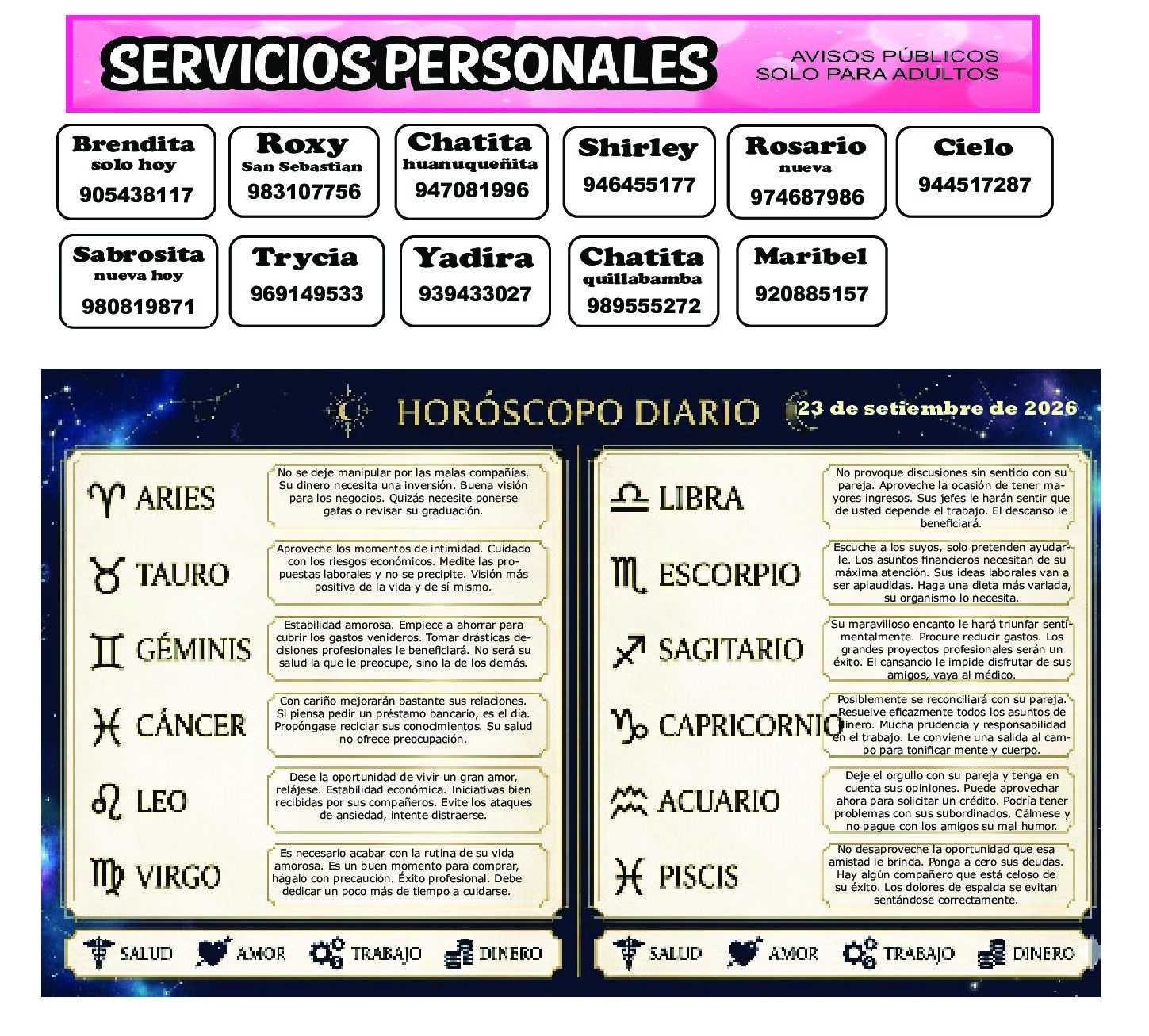 AVISOS Y HOROSCOPO 23 DE SETIEMBRE DE 2026