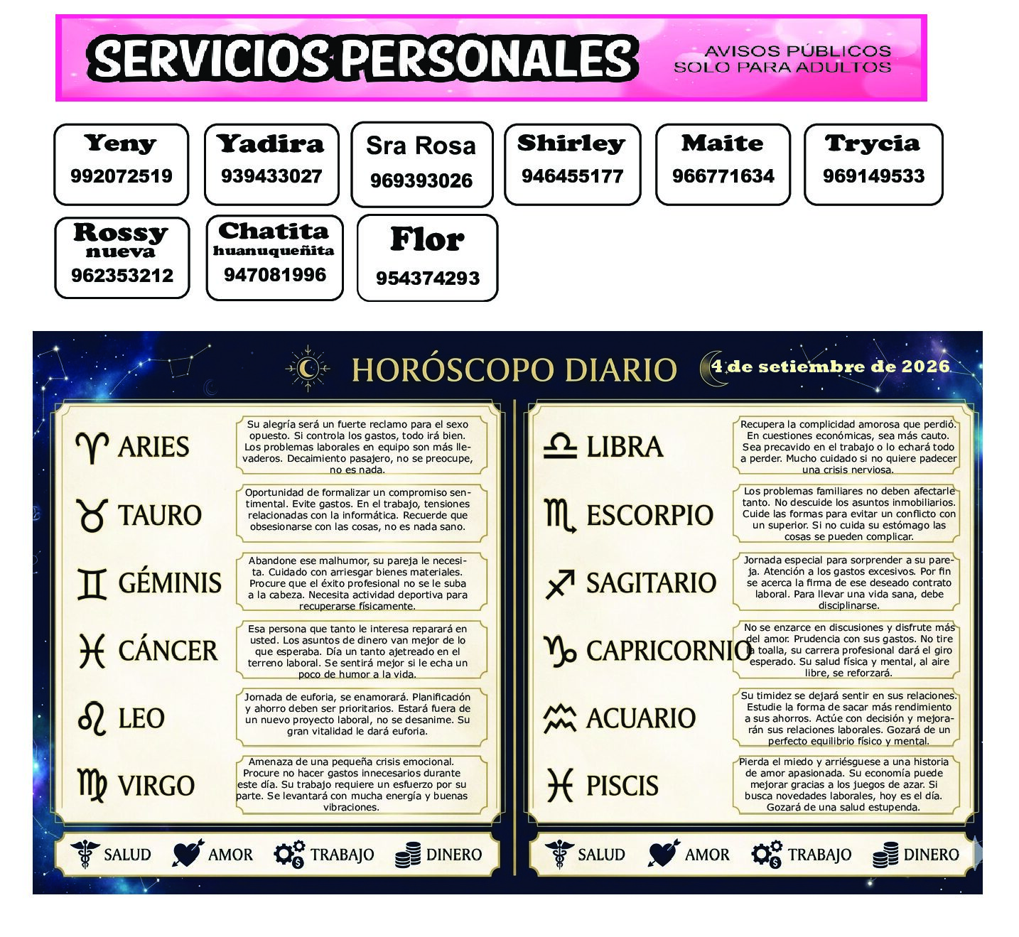 AVISOS Y HOROSCOPO 4 DE SETIEMBRE DE 2026