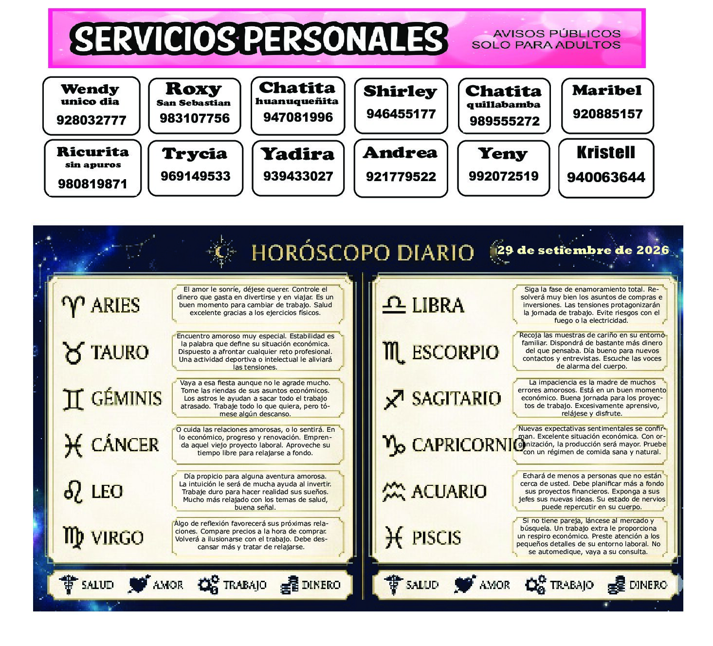 AVISOS Y HOROSCOPO 29 DE SETIEMBRE DE 2026