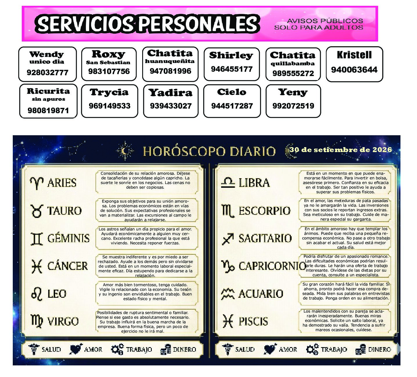 AVISOS Y HOROSCOPO 30 DE SETIEMBRE DE 2026