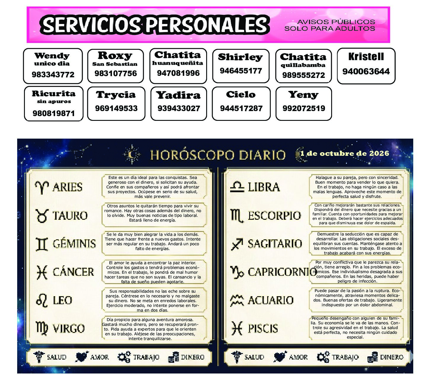 AVISOS Y HOROSCOPO 1 DE OCTUBRE DE 2026