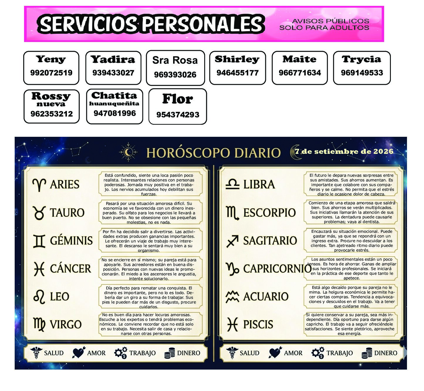 AVISOS Y HOROSCOPO 7 DE SETIEMBRE DE 2026