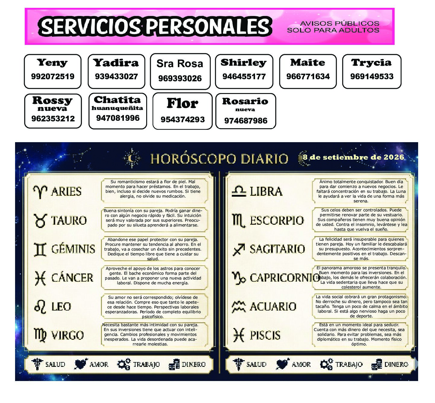 AVISOS Y HOROSCOPO 8 DE SETIEMBRE DE 2026