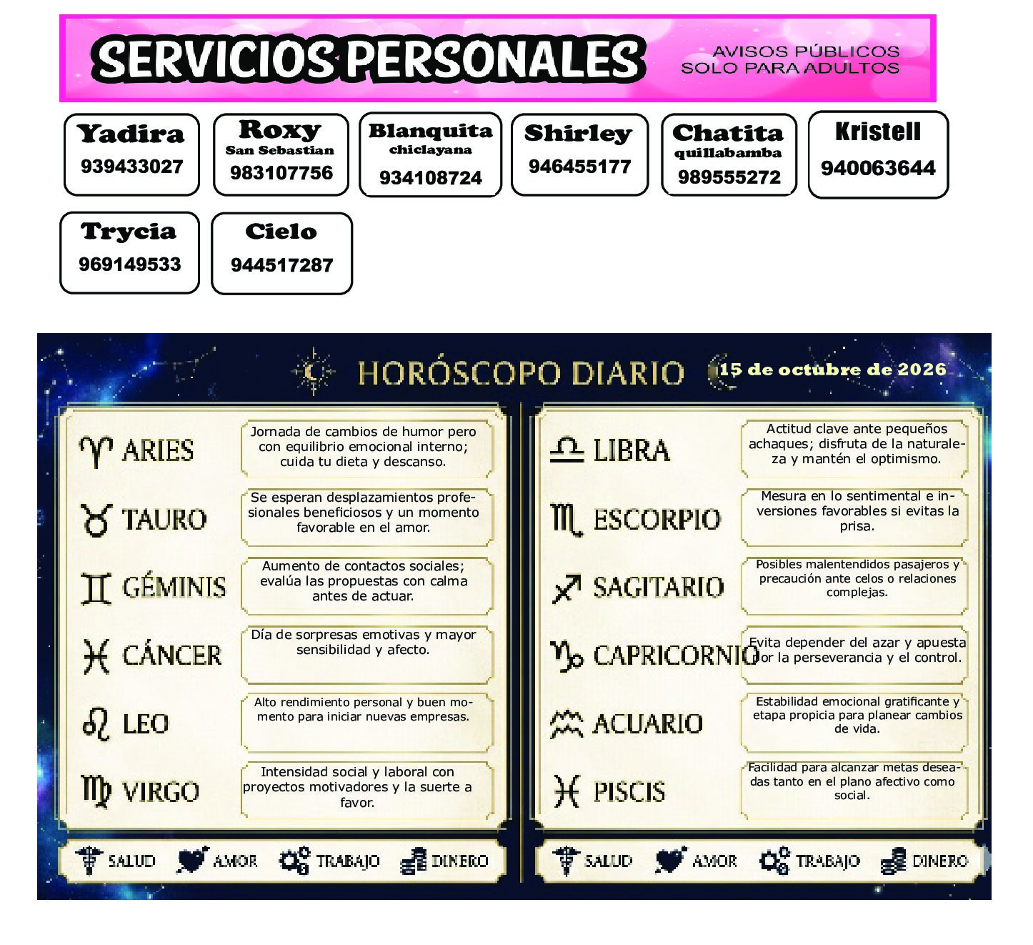 AVISOS Y HOROSCOPO 15 DE OCTUBRE DE 2026