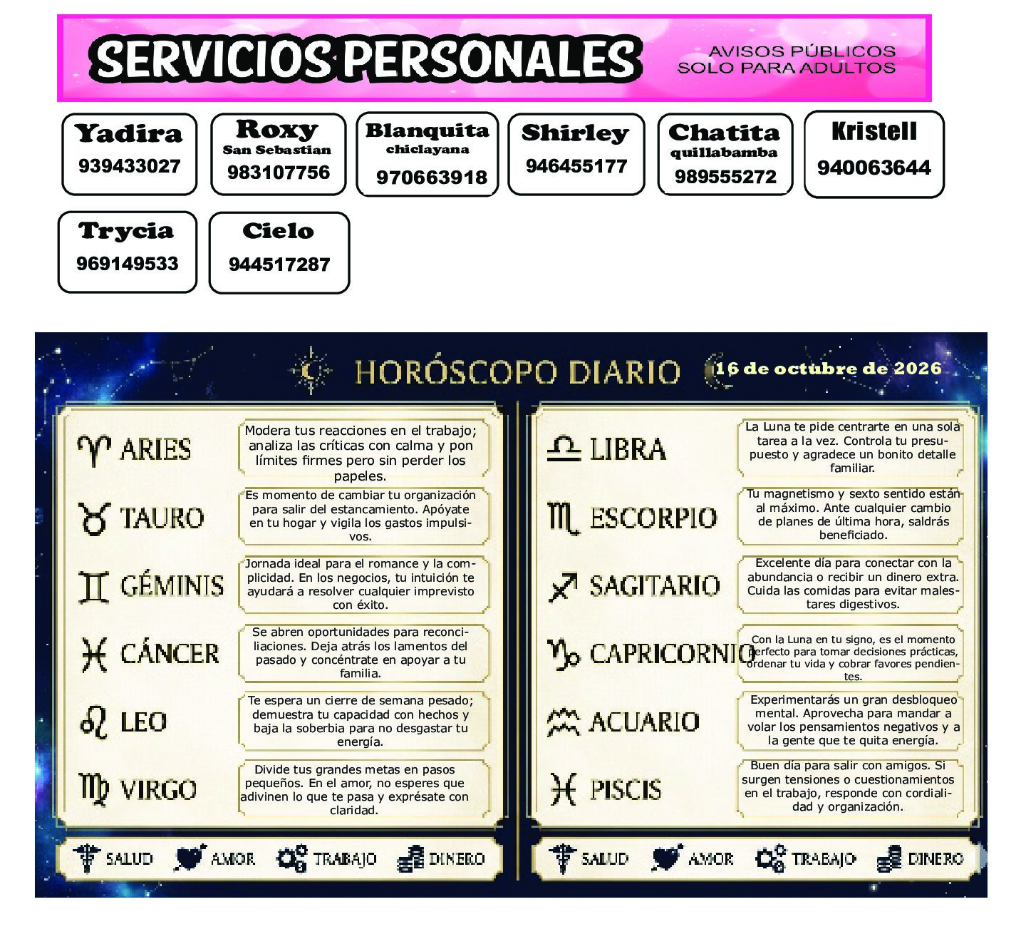 AVISOS Y HOROSCOPO 16 DE OCTUBRE DE 2026