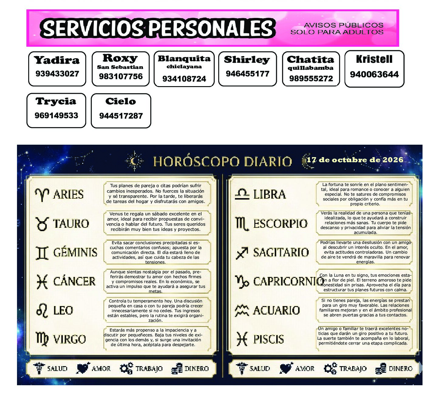 AVISOS Y HOROSCOPO 17 DE OCTUBRE DE 2026