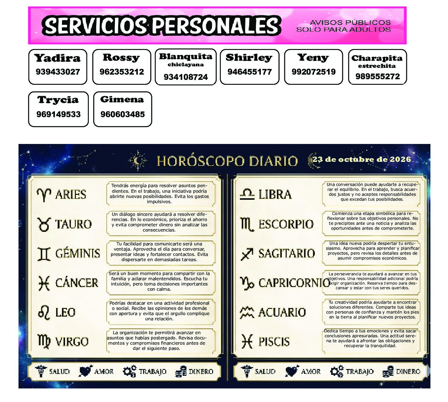 AVISO Y HOROSCOPO 23 DE OCTUBRE DE 2026