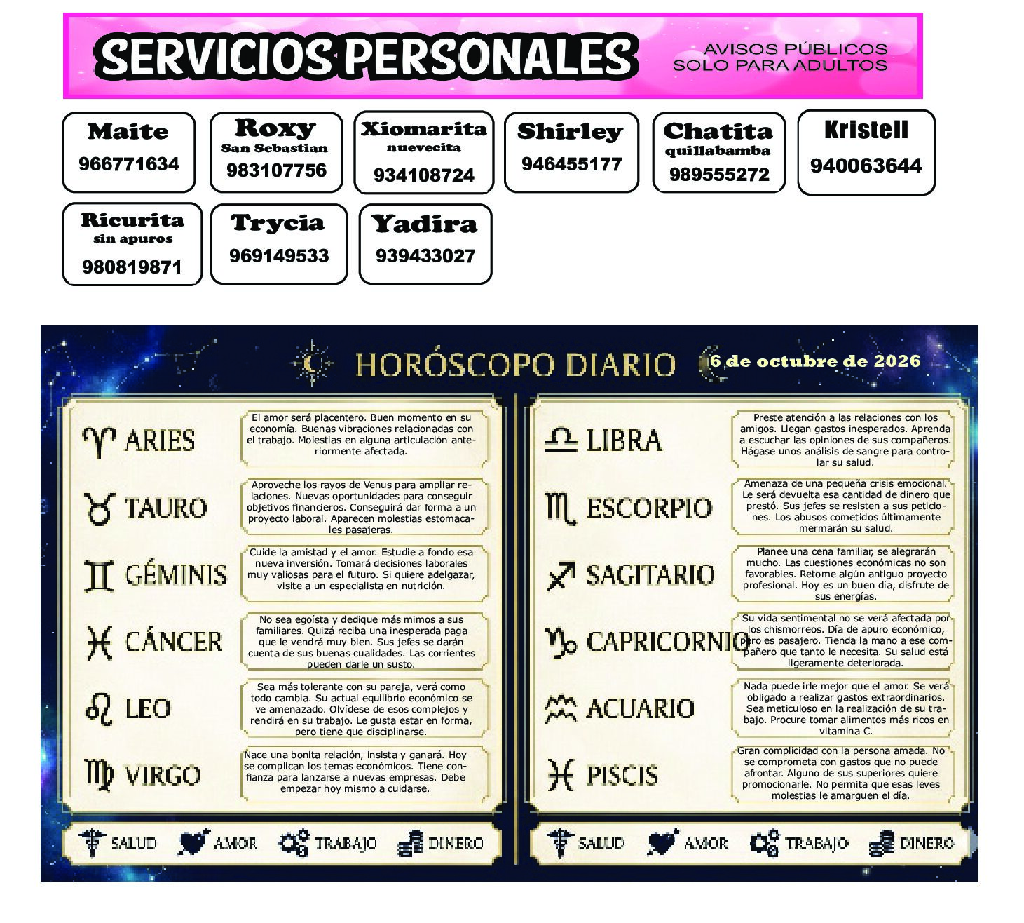 AVISOS Y HOROSCOPO 6 DE OCTUBRE DE 2026
