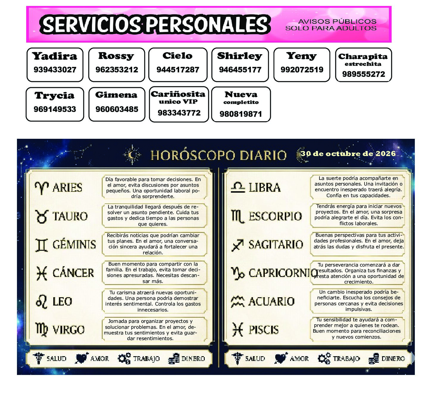 AVISOS Y HOROSCOPO 30 DE OCTUBRE DE 2026