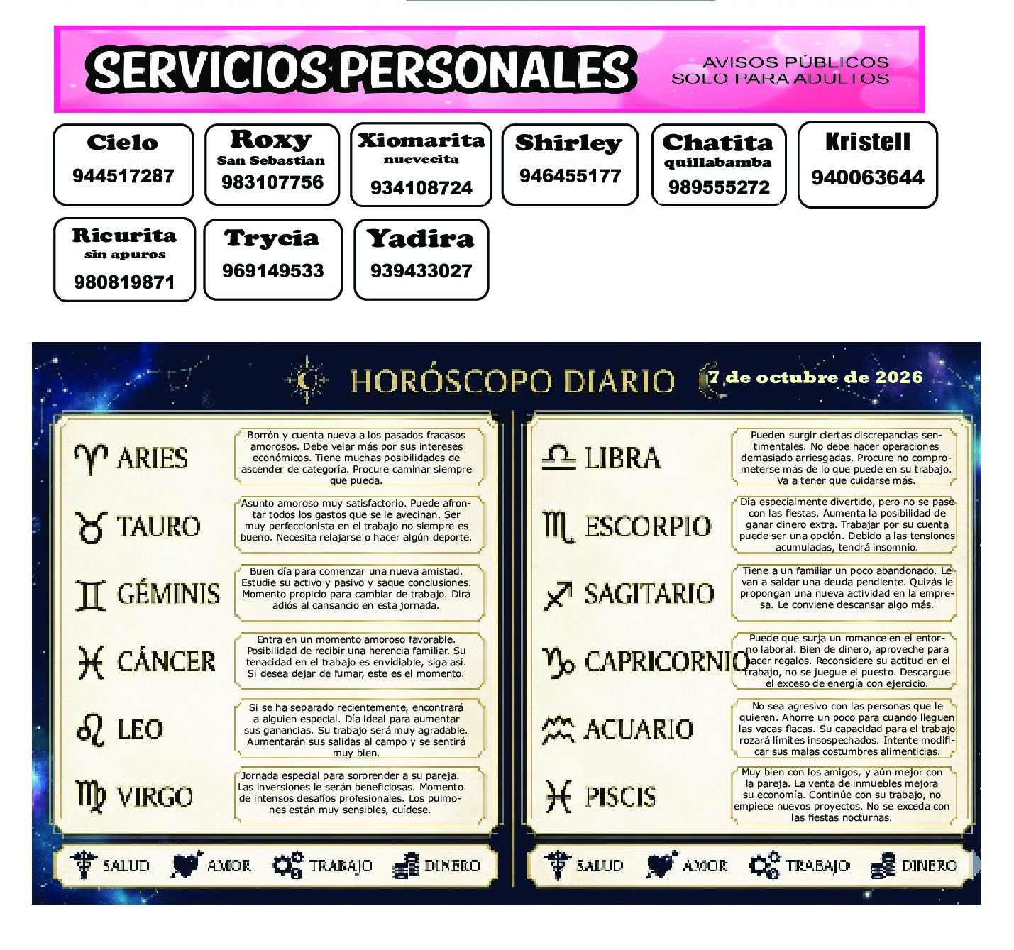 AVISOS Y HOROSCOPO 7 DE OCTUBRE DE 2026