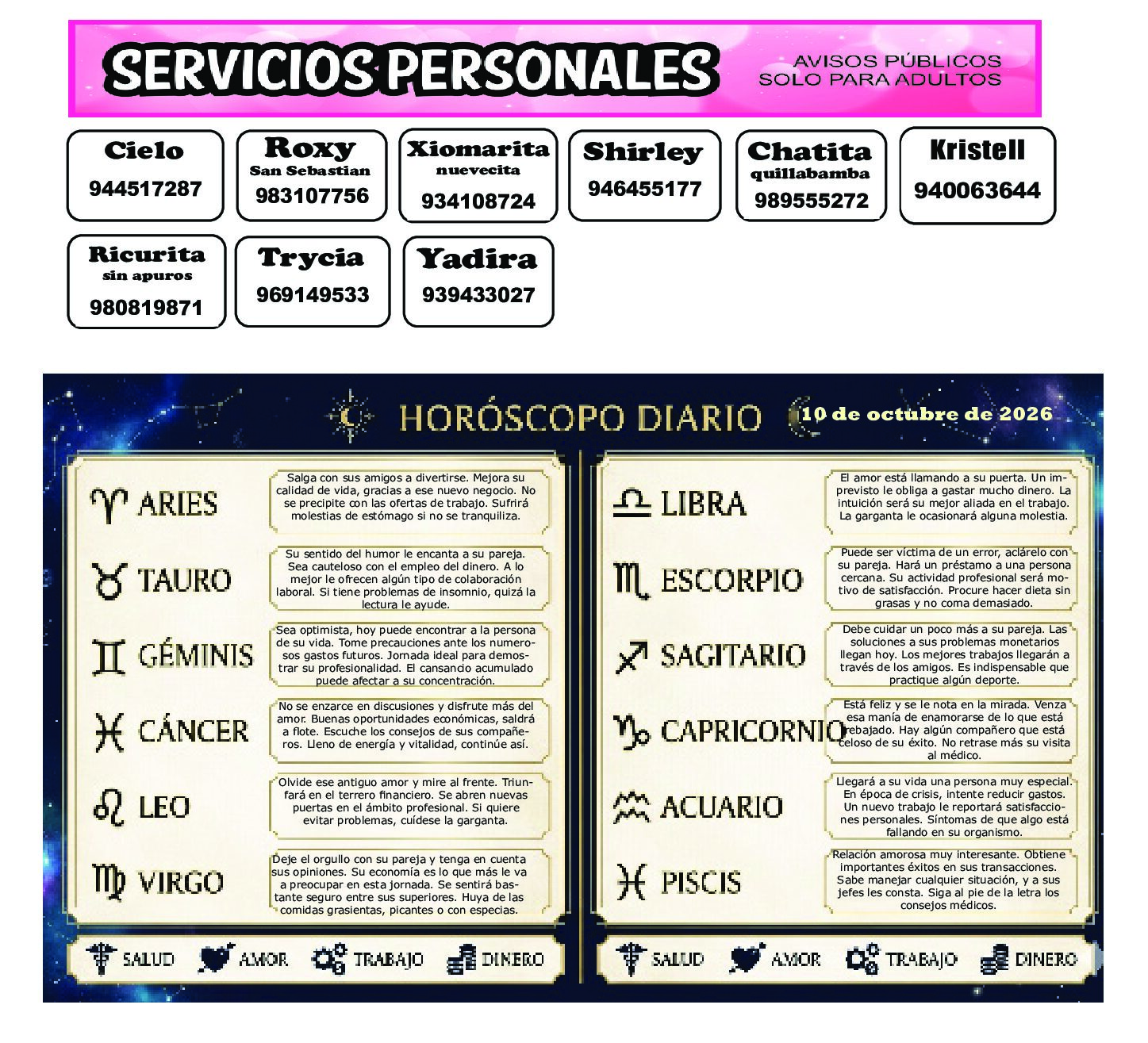 AVISOS Y HOROSCOPO 10 DE OCTUBRE DE 2026