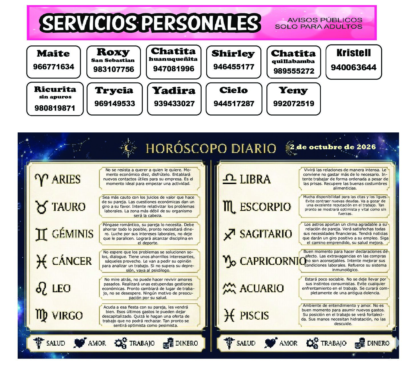 AVISOS Y HOROSCOPO 2 DE OCTUBRE DE 2026